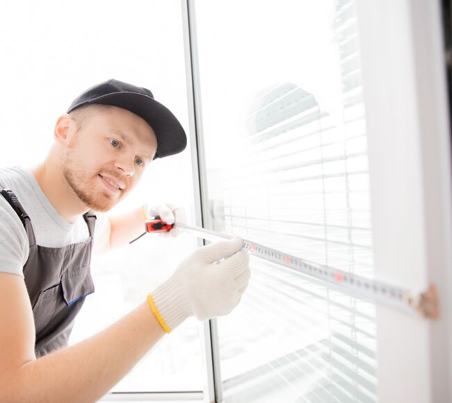 Bild Servicemitarbeiter misst einen Fensterflügel mit dem Maßband aus