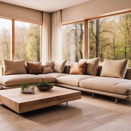 Bild modernes helles Wohnzimmer mit Holzfensterfront