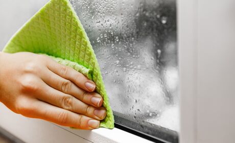 Bild Einfache Pflegen und sauber machen der Fenster Profilen und Glas mit Tuch
