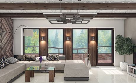 Bild Schickes Salon mit Holz Balkontüren und Tiefbodenfenster mit goldene Griffe und Farbe Braun