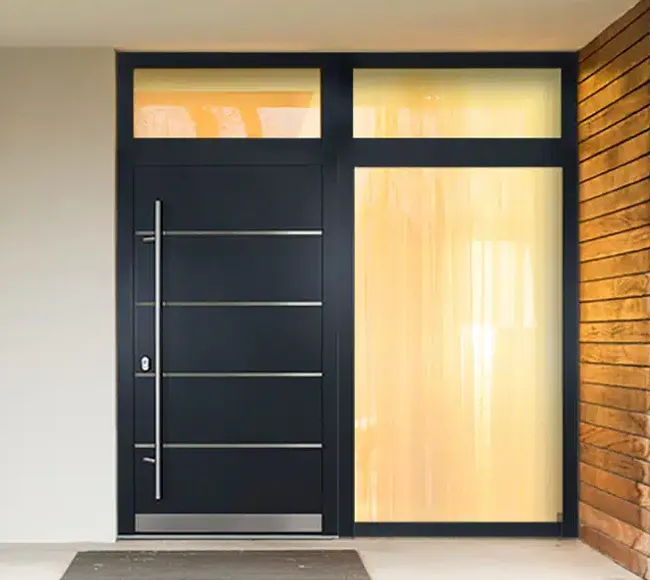 Bild Haustür Aus Aluminium mit volle Füllung und Glas Seitenteil und Oberlicht