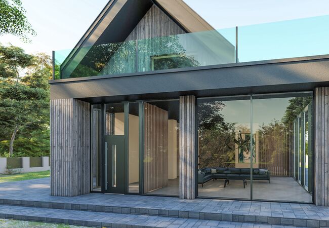 Bild Modernes Passivhaus mit großen, dunkleren und eleganten Fenster mit großen Verglasungsflächen