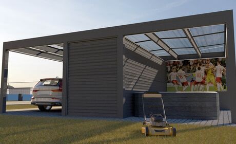 Bild Carport mit zwei Überdachungen aus Glas und Raum in der MItte