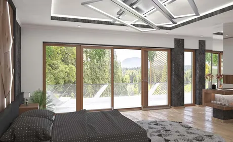 Bild Großer Schlafzimmer mit  Balkonschiebetür in Holzdekor und Ausgang zu Terrasse mit Glasbarriere