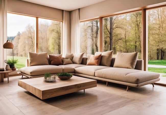 Bild modernes helles Wohnzimmer mit Holzfensterfront
