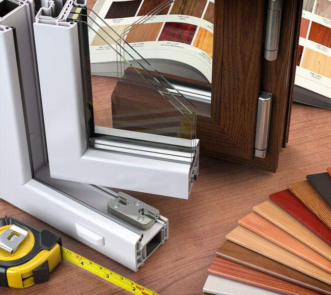 Bild Eckmuster von Kunststoff Fenster mit 2-Fach Verglasung und Farbe Weiß und Muster von verschiedenen Dekorfolien