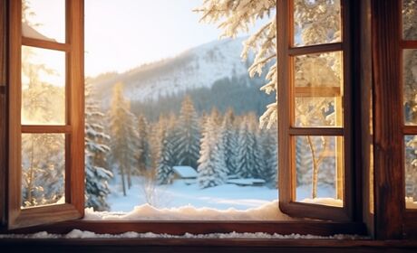 Bild Doppelflügeliges Holzfenster mit Sprossen und Stulp in Winterhaus im Gebirge voll mit Schnee