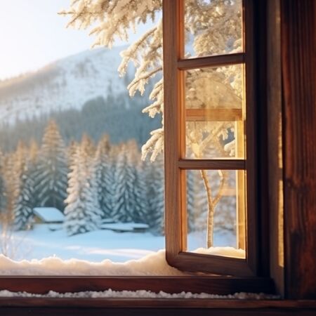 Bild Doppelflügeliges Holzfenster mit Sprossen und Stulp in Winterhaus im Gebirge voll mit Schnee