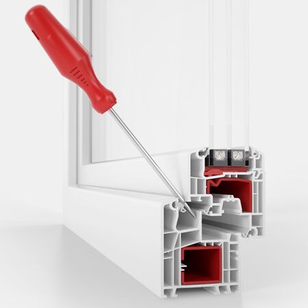 Bild Querschnitt der Kunststofffenster Flügel und Rahmen mit Sicherheitsbeschläge Aluplast Safetec