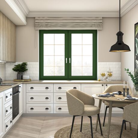 Bild Weiße Vintage Küche und grünes Fenster mit verdeckt liegenden Beschlag und golden Sprossen