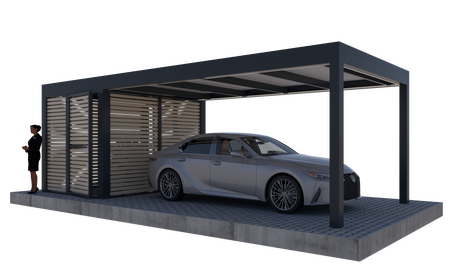 Bild Selbststehender Carport für ein Auto mit Raum aus Holzlamellen hinten