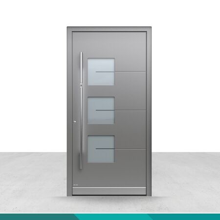 Bild Aluminium Haustüren in Farbe Grau mit Milchglas und Edelstahl Griff
