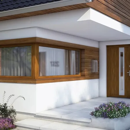 Bild Weißes Haus mit Eckfenster und Eingangs Türen aus Kunststoff in Golden Oak Dekorfolie
