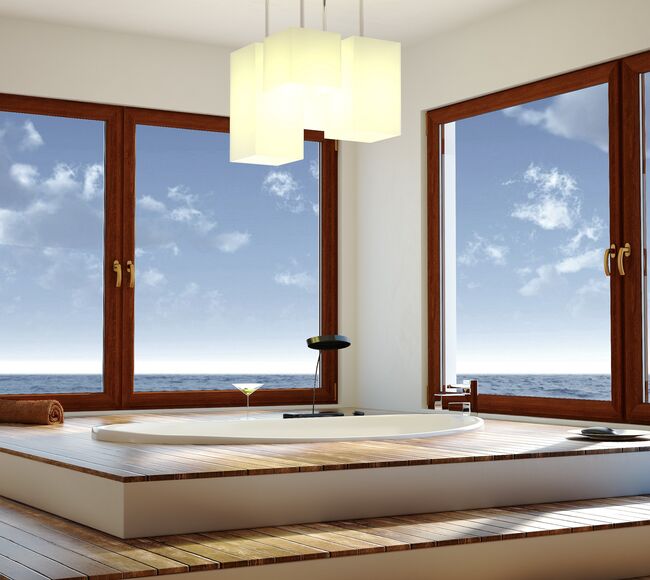 Bild Große 2-flg. Fenster aus Kunststoff mit Profile Iglo 5 in Badezimmer mit Ausblick