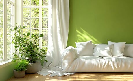 Bild große weiße Blumenfenster mit Pflanzen davor und weißer Couch