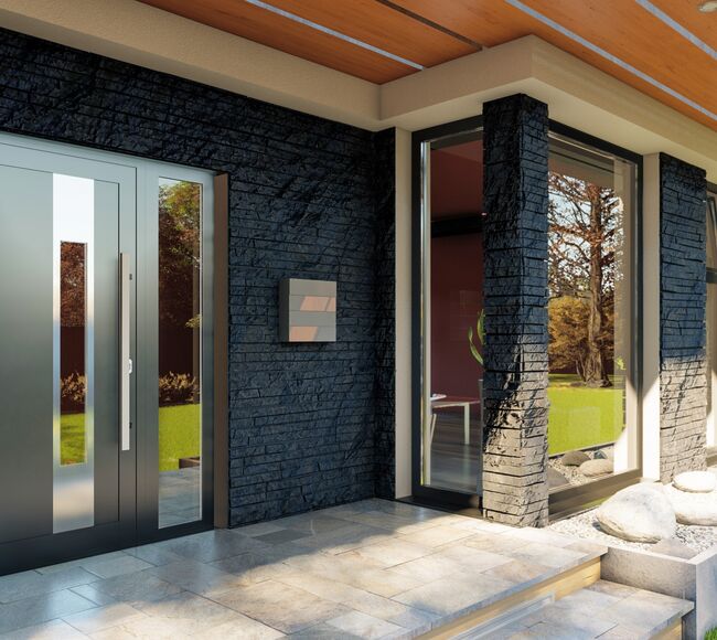 Bild Aluminium Haustür von Drutex mit Seitenteil und moderner Füllung in Anthrazitgrau