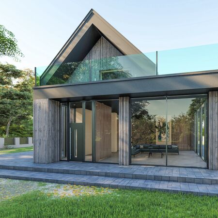Bild Modernes Passivhaus mit großen, dunkleren und eleganten Fenster mit großen Verglasungsflächen