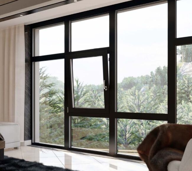 Bild Wohnung mit schönem Blick durch dunkel Aluminium Kippfenster und Festverglasung mit Aufteilung auf Wunsch, die individuelle Design und Konstruktion ermöglicht