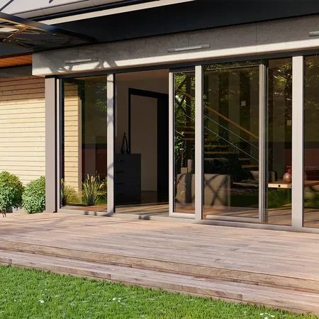 Bild Schiebetüren aus Holz, Aluminium oder Kunststoff mit großen Glasflächen für die Terrasse
