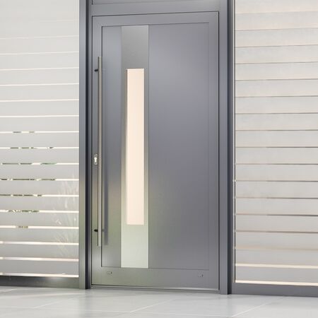 Bild Aluminium Haustür in Grau mit Glaslicht links, rechts oder in der Mitte und Stoßgriff außen