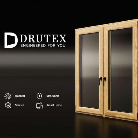 Bild Drutex 2-flügeliges Fenster mit Holzdekor und schwarze Griffe