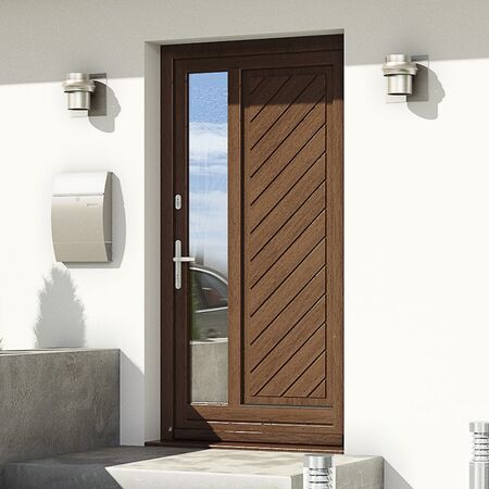 Bild Holztüren Softline 68 in Farbe Nussbaum mit Glas und Sandwichplatte mit Fräsung