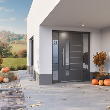 Bild Inotherm Aluminium Haustür mit Seitenteilen und Hausnummer und Spiegelglas