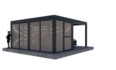 Bild Selbststehender Carport mit Raum an der Seite aus Holzlamellen Modell Toka Modern