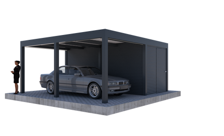 Bild Carport für ein Auto mit Raum aus Blech an der Seite
