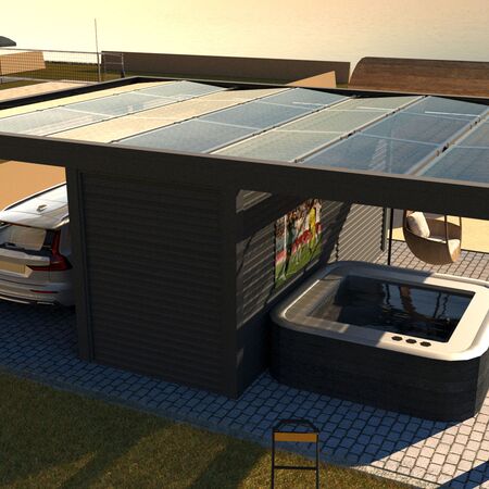 Bild Carport mit zwei Überdachungen aus Glas und Raum in der MItte