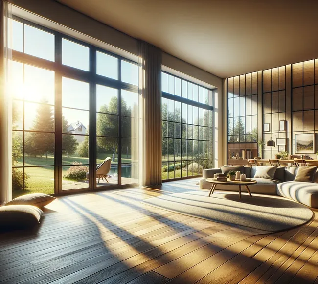 Bild Gemütliches Salon mit viel Licht, Holzelementen und großen Panorama Fenster und Balkontüren mit Sprossen