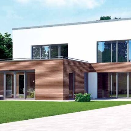 Bild Einfamilienhaus mit Holz- und Weiß Fassade mit großen Schiebefenster und Türen von Aluprof Serie AP