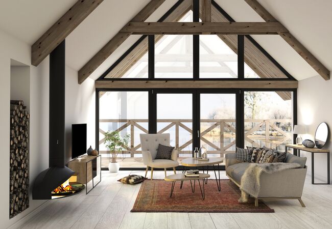 Bild Großer Wohnzimmer im Haus mit Glaswand aus Kunststoff Fenster und Balkontüren Iglo 5  mit dunkler Dekorfolie von Drutex