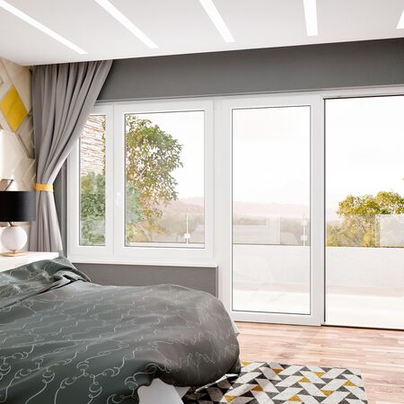 Bild Großer bunter Schlafzimmer mit Doppelbett und  weißen Balkontür und Fenster in Iglo 5 Classic Kunststoff Systeme