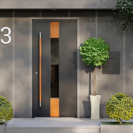 Bild Haus mit Beton Fassade und Aluminium Tür mit Holzdetails
