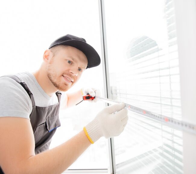 Bild Servicemitarbeiter misst einen Fensterflügel mit dem Maßband aus