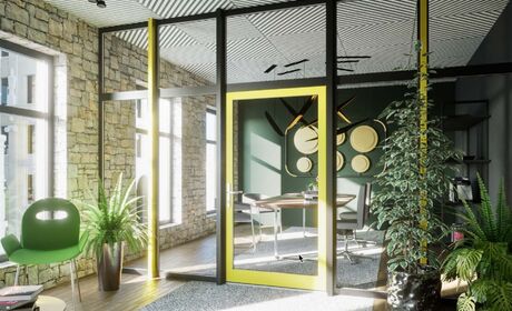 Bild Aluminium Innentüren und Festverglasung Glaswand aus Aluminium in verschiedenen RAL Farben teilt schickes und modernes Büro