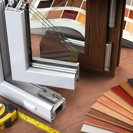 Bild Eckmuster von Kunststoff Fenster mit 2-Fach Verglasung und Farbe Weiß und Muster von verschiedenen Dekorfolien