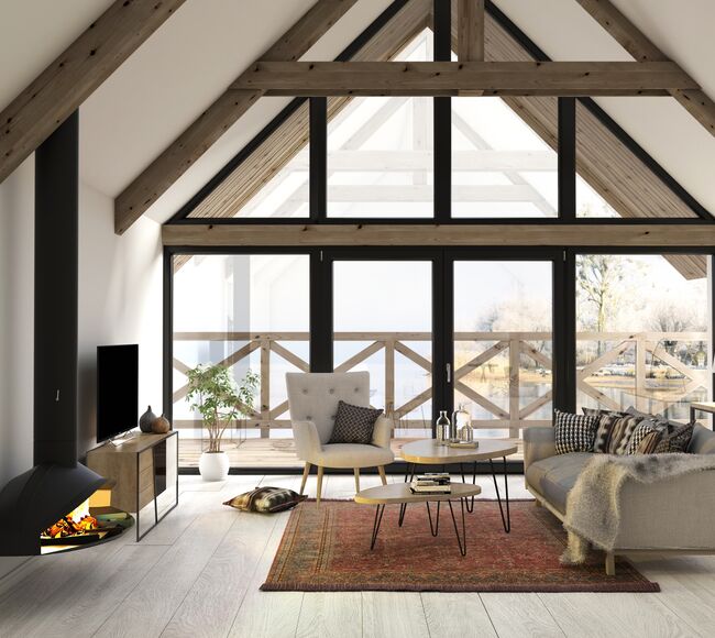 Bild Großer Wohnzimmer im Haus mit Glaswand aus Kunststoff Fenster und Balkontüren Iglo 5  mit dunkler Dekorfolie von Drutex