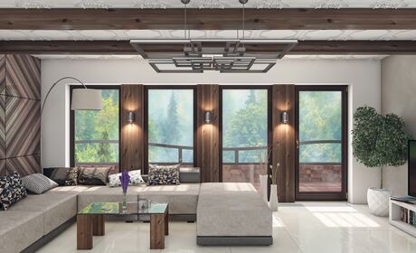Bild Elegante Bodenfenster aus Holz Meranti in Lasur Nussbaum in schickem Salon