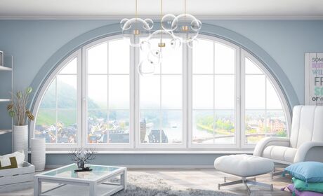 Bild Bogenfenster auf Maß aus Holz mit Profile Softline 88 mit Sprossen in Farbe Weiß