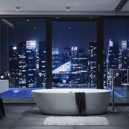 Bild Moderne Panorama Aluminium Schiebetür in dunkler Farbe im Badezimmer mit Ausgang zu Schwimmbad im Patio mit Aussicht auf Stadtpanorama