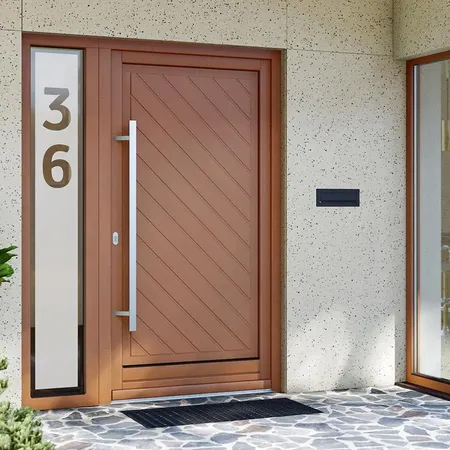 Bild Holzhaustür Softline mit Seitenteil, Füllung mit Fräsungen und Hausnummer