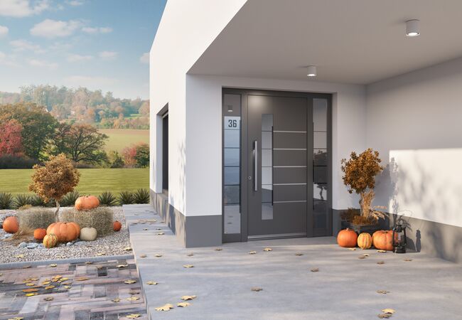 Bild Inotherm Aluminium Haustür mit Seitenteilen und Hausnummer und Spiegelglas
