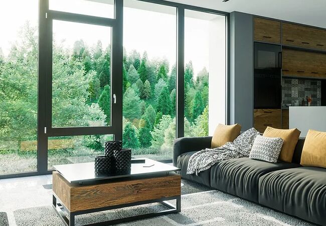 Bild Wohnzimmer mit Aluminium Panoramafenster in dunkler Farbe und Holzzusätze mit moderner Küche hinten und Aussicht auf Wald