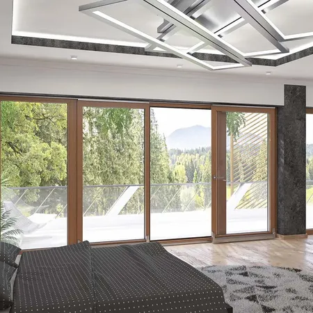 Bild Großer Schlafzimmer mit  Balkonschiebetür in Holzdekor und Ausgang zu Terrasse mit Glasbarriere