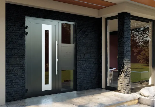 Bild nach außen öffnende Aluminium Haustür mit minimalistischem Briefkasten