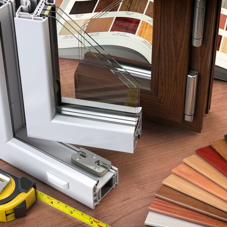 Bild Eckmuster von Kunststoff Fenster mit 2-Fach Verglasung und Farbe Weiß und Muster von verschiedenen Dekorfolien