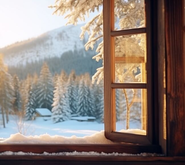 Bild Doppelflügeliges Holzfenster mit Sprossen und Stulp in Winterhaus im Gebirge voll mit Schnee