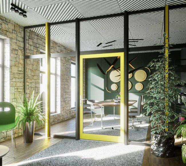 Bild Aluminium Innentüren und Festverglasung Glaswand aus Aluminium in verschiedenen RAL Farben teilt schickes und modernes Büro